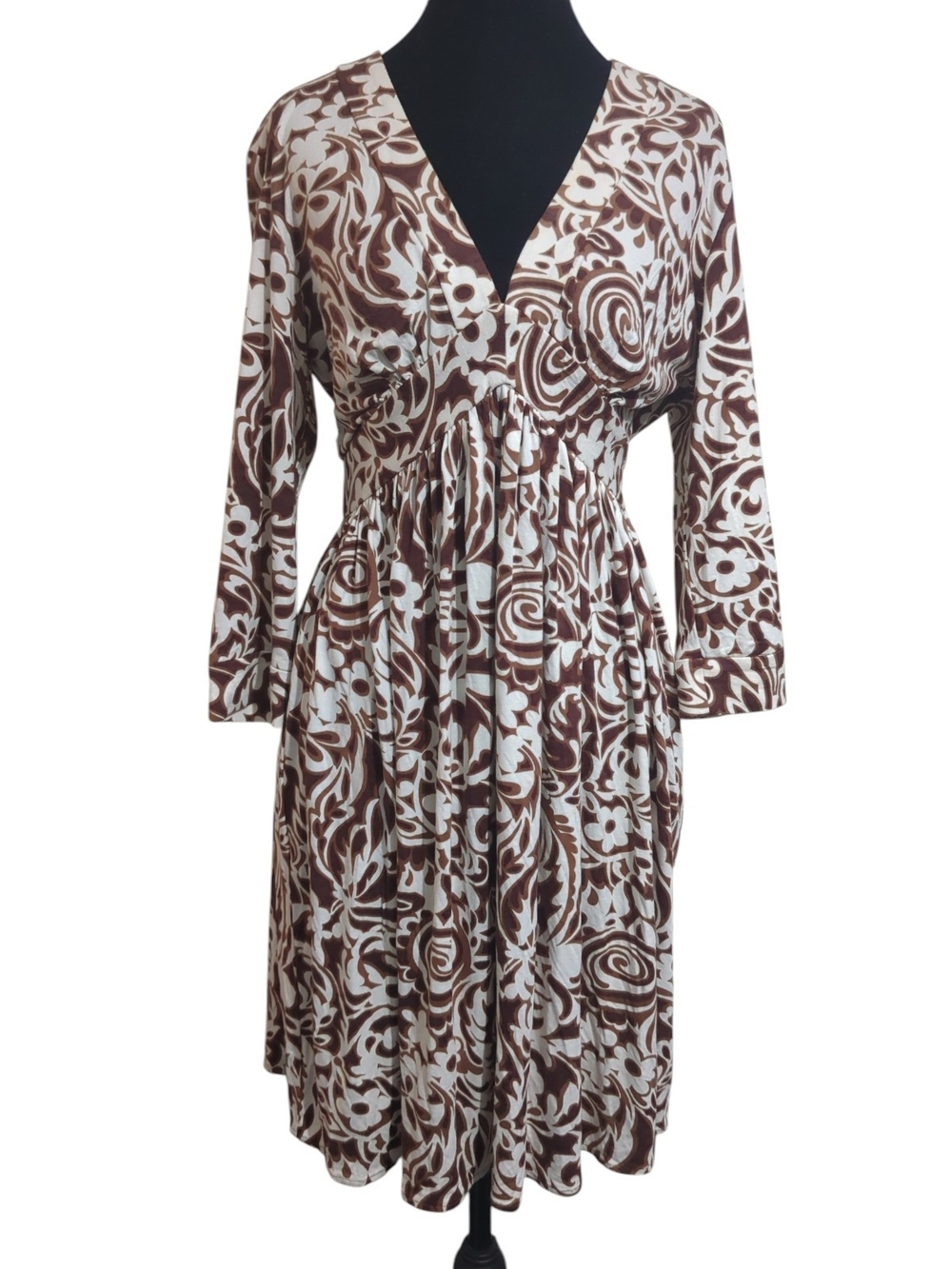 Brown & White Floral V-Neck Midi Dress